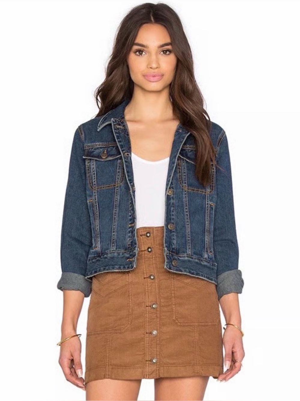 Free People Rumors Cropped Denim Jacket Medium Wash XS Button Front Trucker